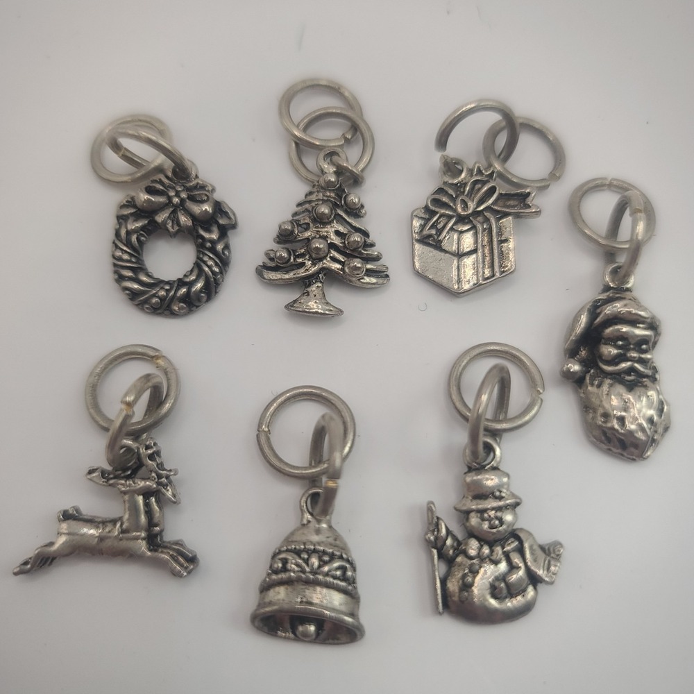 Christmas Jewelry Lot Silver Tone Pendants Charms Santa Snowman Reindeer Wreath